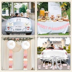20 Pcs Pink Just Married Car Decorations Include 10 Can Stickers Satin Ribbon