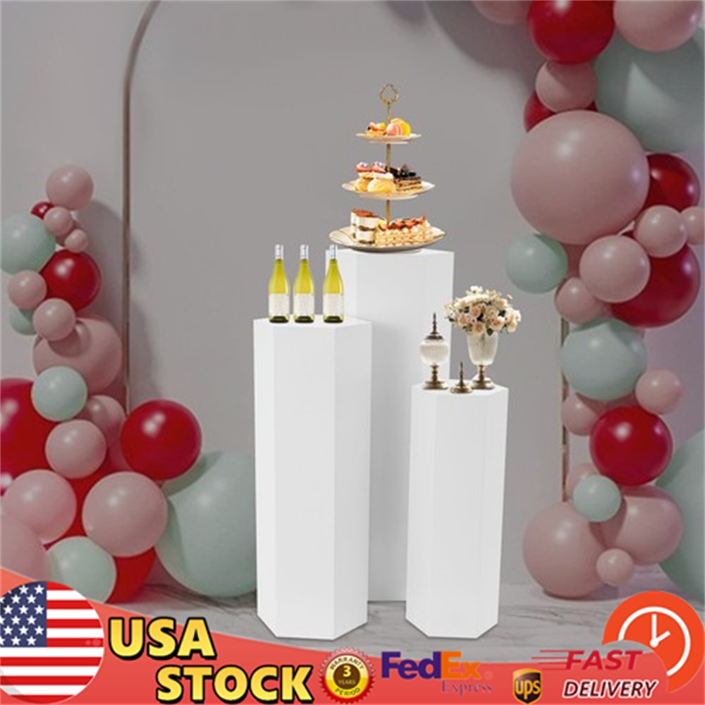 Set of 3 Hexagonal Display Pedestal Wedding Party Cake Flower Stand Pillar White
