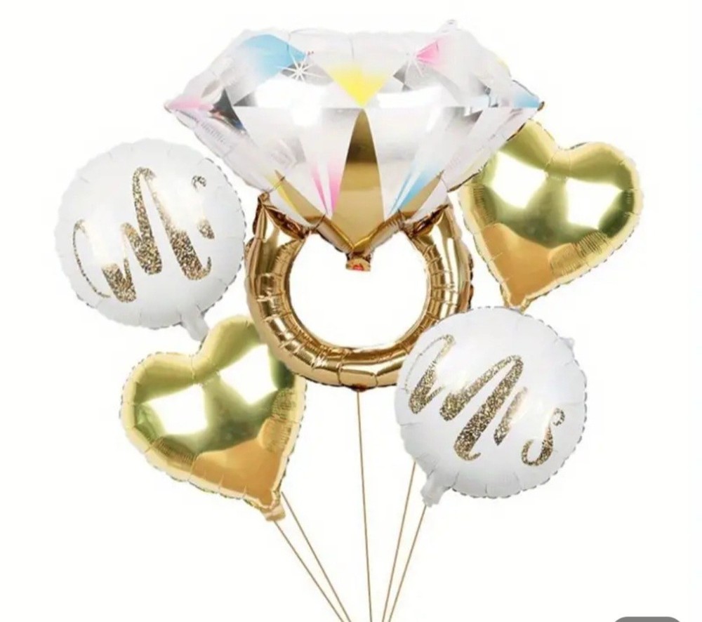 5 New Wedding Ring Mr. Mrs Gold Heart Mylar Balloons Bridal Shower Wedding Decor