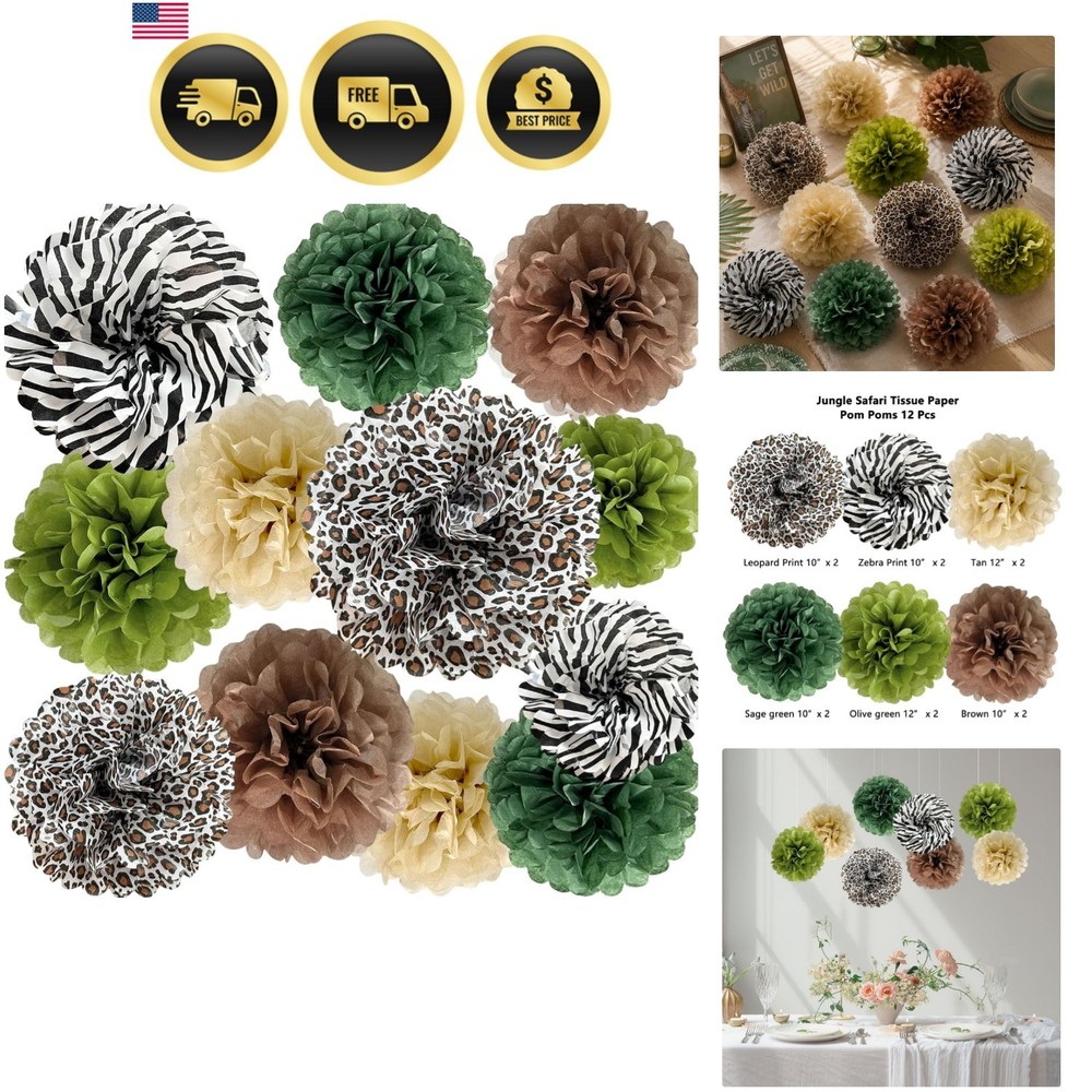 Jungle Safari Tissue Paper Pom Poms Wild Animal Leopard Zebra Print Cheetah P…