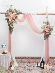 Champagne Pink Wedding Arch with Drapes & Artificial Flowers – Set of 4