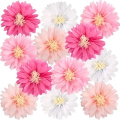 Daisy Tissue Paper Pom Poms, Wildflower Party Decorations, White and Pink pink