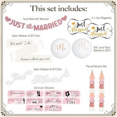20 Pcs Pink Just Married Car Decorations Include 10 Can Stickers Satin Ribbon