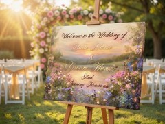 Custom Wedding Welcome Sign on Canvas | Romantic Floral Sunset Wildflowers