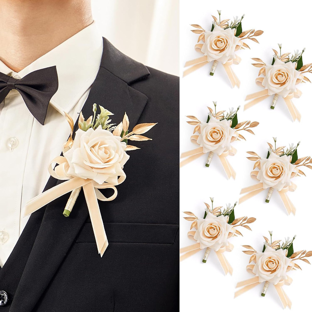 6 Pcs Champagne Boutonniere for Men Wedding, Groom and Best Man Boutonniere with