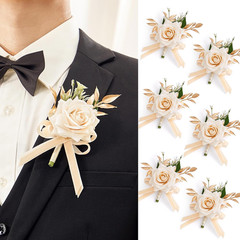6 Pcs Champagne Boutonniere for Men Wedding, Groom and Best Man Boutonniere with