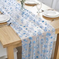 Blue Snowflake Winter Table Runner 120” 10ft Tulle Blue White Gauze Snowflake