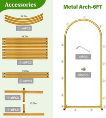 Gold Metal Arch Backdrop Stand for Weddings – Set of 3 Sizes: 7.2FT/6.6FT/6FT