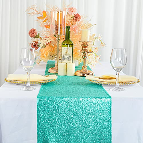 12×108-Inch Sequin Table Runner Teal 1 Piece Table Runner Wedding Halloween