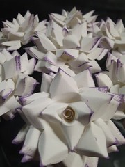 3 Handmade Paper Flowers on stems (White w/Purple tips) for Wedding, Valentine’s