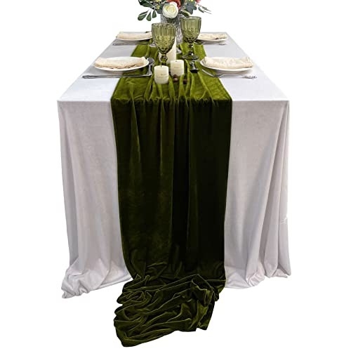 Luxurious Velvet Table Runner, 10ft Wedding Reception 20X120inch Olive Green
