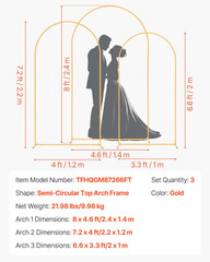 3PCS Gold Arch Backdrop Stand Set 8FT 7.2FT 6.6FT Wedding Party Decor