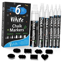 White Liquid Chalk Pens, Window Markers for Glass Washable, 6 White (5 Size)