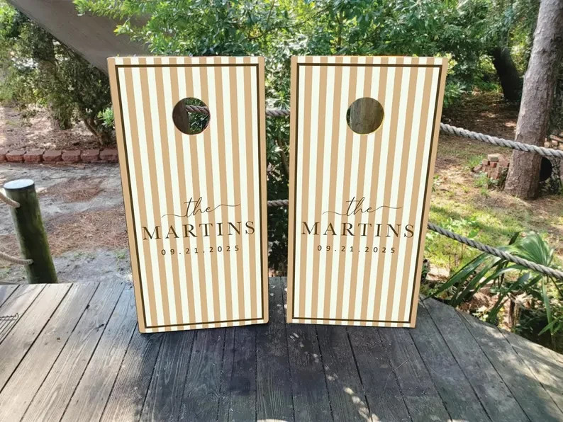 Custom Wedding Cornhole Wraps or Boards – Tan and Cream Striped Design