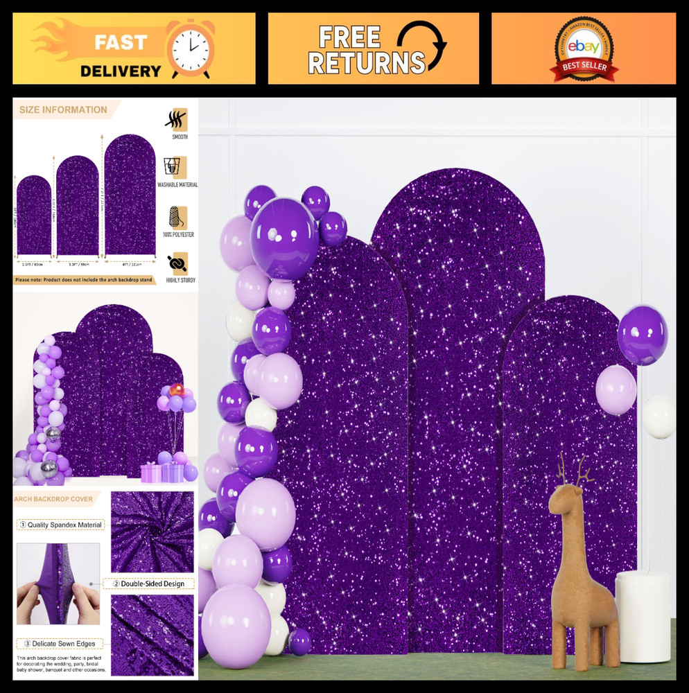 Set of 3 Purple Sequin Arch Covers – 7.2FT, 6.6FT, 6FT Stretchy Backdrop for Wed