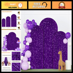 Set of 3 Purple Sequin Arch Covers – 7.2FT, 6.6FT, 6FT Stretchy Backdrop for Wed
