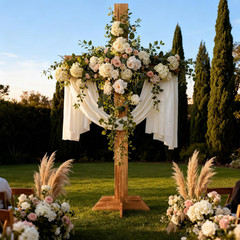 71 Inch Wedding Decorations Wedding Wood Cross and White Ribbons Eucalyptus Garl