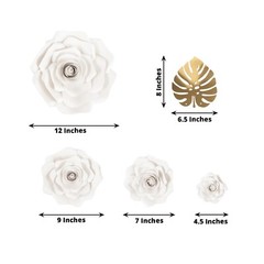 9 WHITE 3D Rose Paper Flowers with Gold Monstera Leaves Wedding Decorations