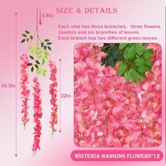 12 PCS Wisteria Hanging Flowers, 3.6ft Fake Wisteria Vines 12 Pack Pink