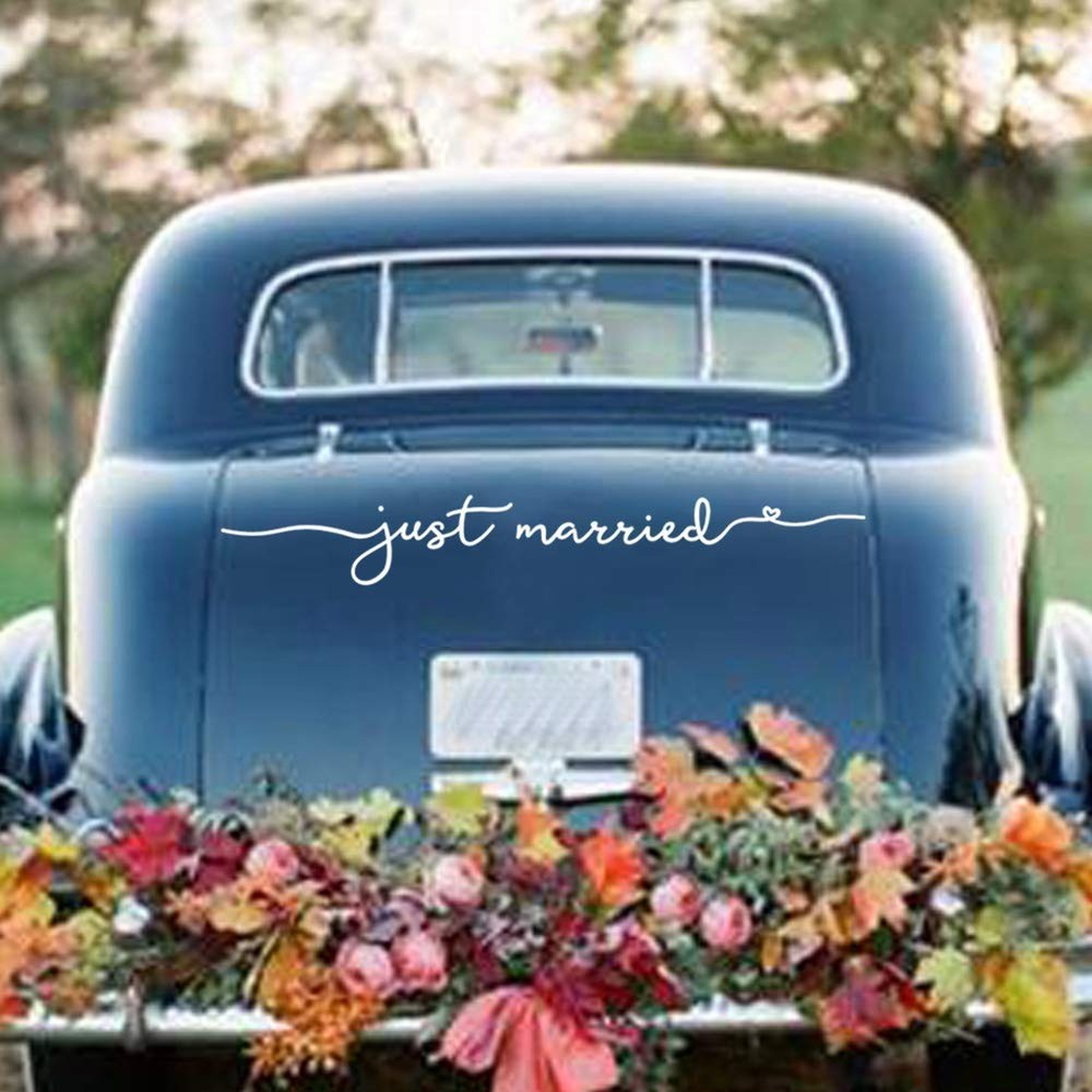 Just Married Vinyl Decal – 28×4 Inch Wedding Car Window Sticker, Elegant Remo…