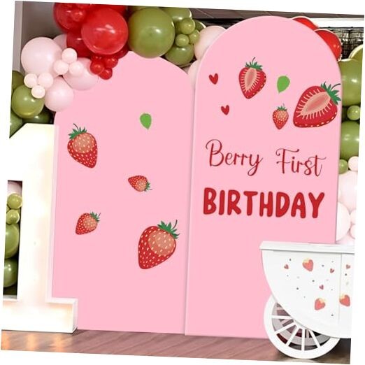 Set of 2 Arch Backdrop Cover 7.2FT, 6FT and Berry First Birthday Decal Pink