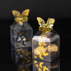 25 Clear Plastic Square Candy Gift Boxes Gold Butterfly Top Party Decorations