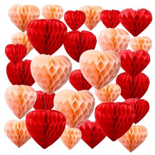 30 Pcs Heart Honeycomb Party Decorations Red Blush Pink Tissue Red,Blush Pink