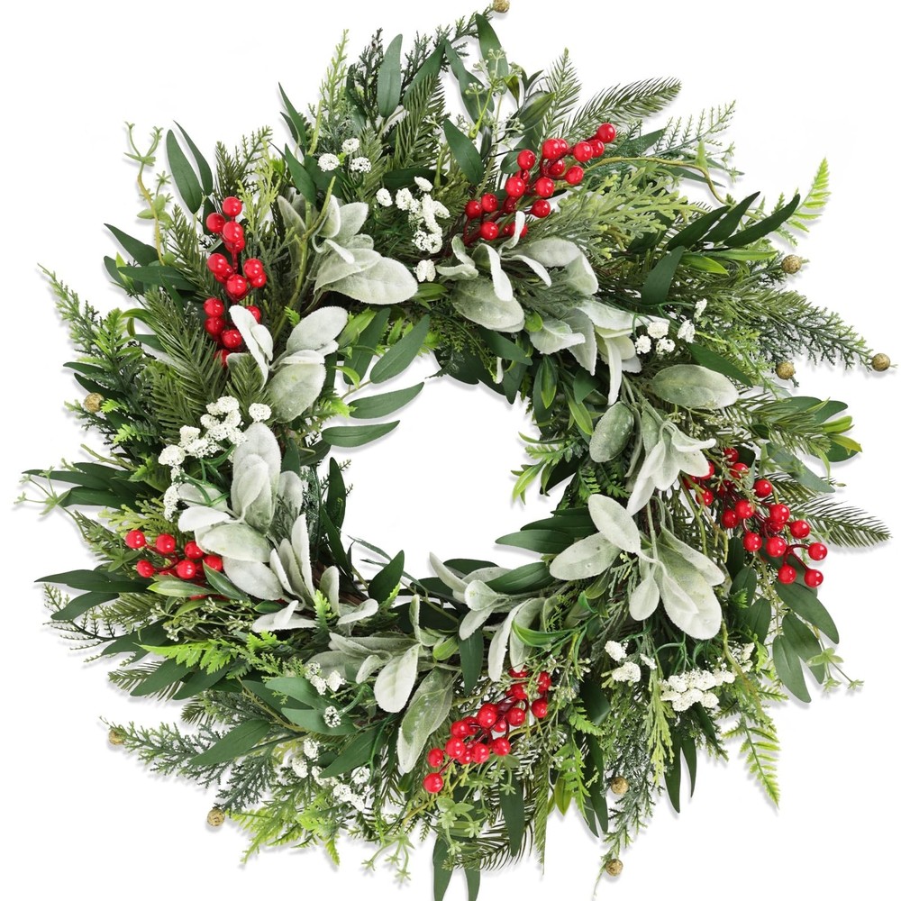 22″ Realistic Christmas Wreath with Red Berries, Winter Eucalyptus Artificial…