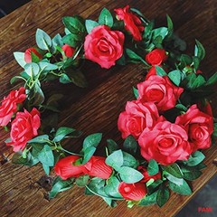 4PCS(28.8 FT,16 Flowers) Artificial Flower Garland with White Rose, Fake Red
