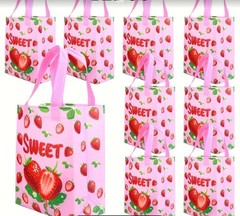 7pcs Strawberry Party Favor Bags with Pink Bow & Strawberry Design – Non-Woven