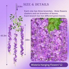 12 PCS Wisteria Hanging Flowers, 3.6ft Fake Vines 12 Pack Light Purple