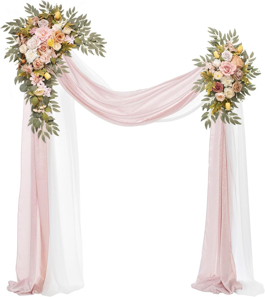 Champagne Pink Wedding Arch with Drapes & Artificial Flowers – Set of 4