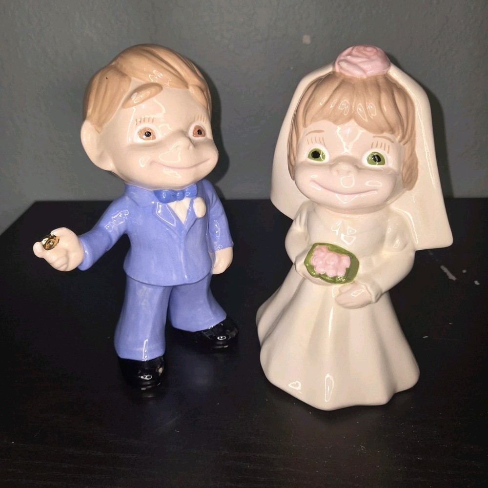 Vtg Atlantic Mold 9” Wedding Bride and Groom Ceramic Pair Lot (2) Holy Matrimony