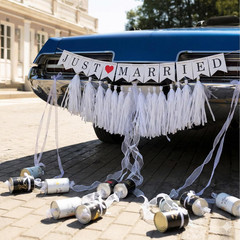 15 Pcs Just Married Wedding Car Decoration Kit – Black & White Handmade Aluminum