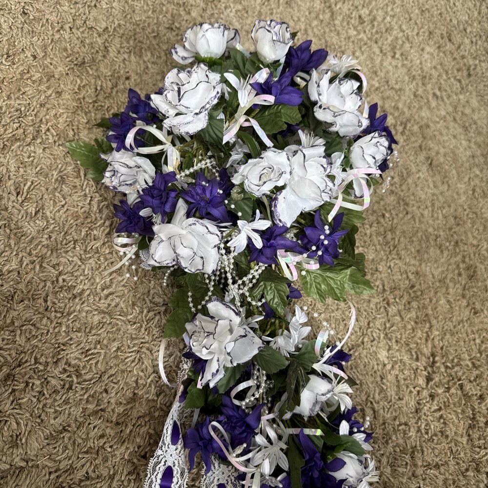 Artist Crafted Beautiful Wedding Bouquet Pd. $525.00- White Roses Purple Flowers