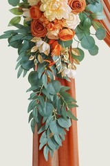 Artificial Wedding Flowers & Draping Fabric Set: Elegant Burnt Orange Decor