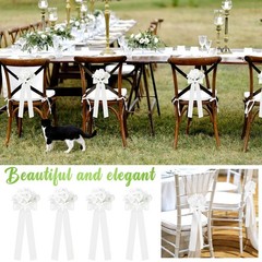 24 Set Wedding Aisle Decorations – Ribbon Bows & White Hydrangea Chair Decor for