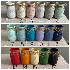 Set of 6 chalk painted distressed mason jar vases w/faux fall flowers included