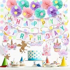 Unicorn Birthday Decorations, Happy Birthday Banner,9pcs Tissue Paper Pom Pom…
