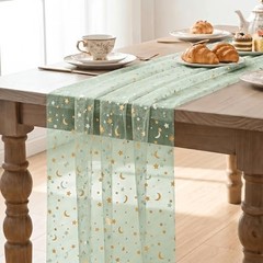 Gauze Stars Moon Table Runner 10FT, Glitter Metallic 28″ x 120″ Sage Green