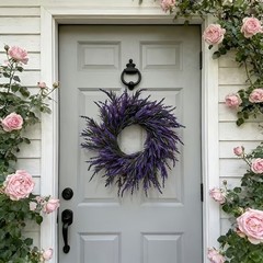 Handmade Look Lavender Wreath Plastic Hanging Decor for Garden Door Window