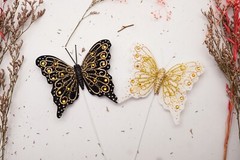 12PC 4″ Black and White Feather Butterfly w Gold Glitter DIY Wedding Cake Topper