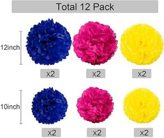 12-Pack Tissue Paper Pom Poms Yellow Navy Blue Hot Pink Party Decoration