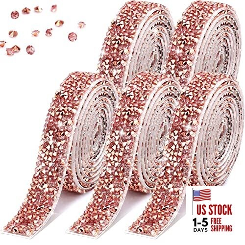 5 Rolls Rose Gold Self Adhesive Rhinestone Ribbon Basic Style Pink, Rose Gold