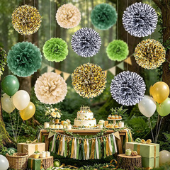 Jungle Safari Party Tissue Pompom Wild Animal Leopard Zebra Print Decor Sage Gre