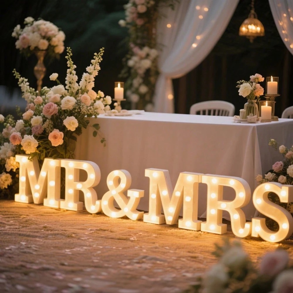 6pc Mr & Mrs LED Marquee Letters Battery Warm White Wedding Deco