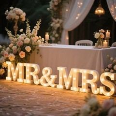 6pc Mr & Mrs LED Marquee Letters Battery Warm White Wedding Deco