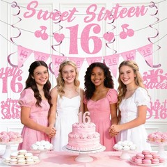Glitter Pink16th Birthday Banner – Pre-Strung Cherry Sweet Heart Birthday Dec…