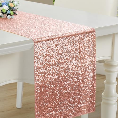 RUDONG M 1 Pack Sequin Table Runner 12 x 108 Inch, Rectangle 1pc Rose Gold