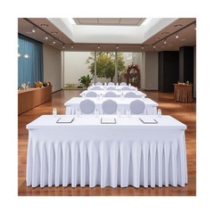 6 pk White Spandex Table Cloth Rectangle 8ft with Ruffle Skirt,Wrinkle Free H…